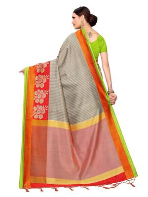 Grey printed poly silk saree with blouse 4