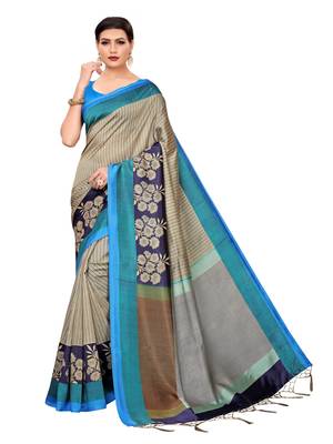 Grey printed poly silk saree with blouse 1