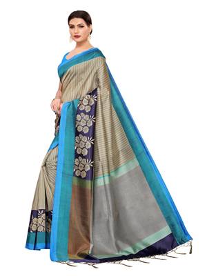 Grey printed poly silk saree with blouse 2