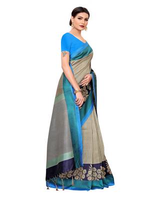 Grey printed poly silk saree with blouse 3