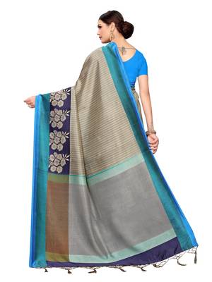 Grey printed poly silk saree with blouse 4