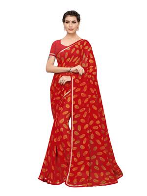 Red printed chiffon saree with blouse 1