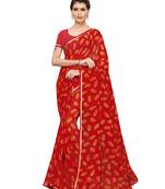 Red printed chiffon saree with blouse