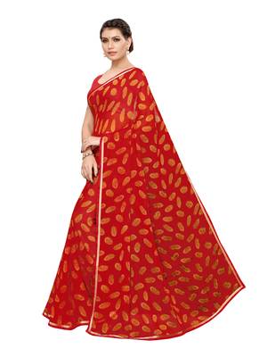 Red printed chiffon saree with blouse 2