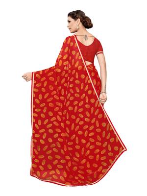 Red printed chiffon saree with blouse 4
