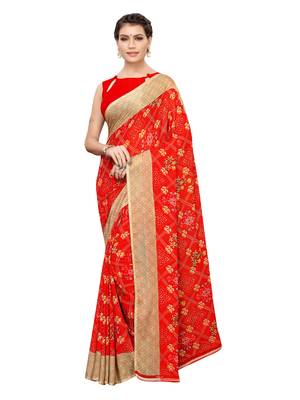 Red printed georgette saree with blouse 1