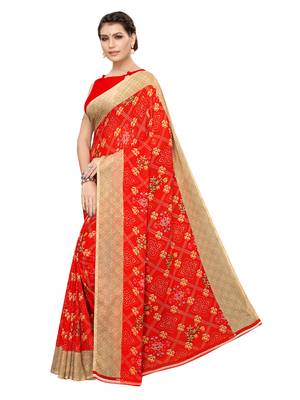 Red printed georgette saree with blouse 2