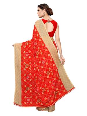 Red printed georgette saree with blouse 4