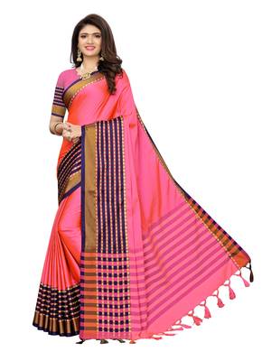 Pink woven poly silk saree with blouse 1