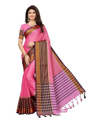 Pink woven poly silk saree with blouse 1