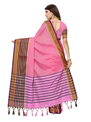 Pink woven poly silk saree with blouse 4