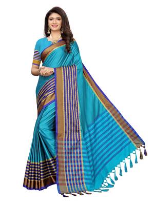 Blue woven poly silk saree with blouse 1