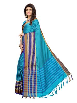 Blue woven poly silk saree with blouse 2