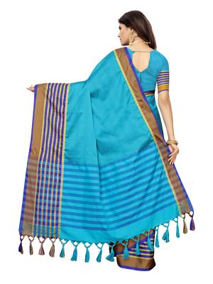 Blue woven poly silk saree with blouse 4
