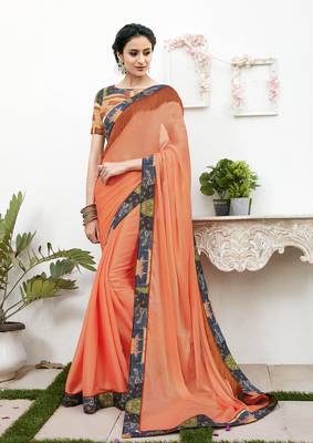 Orange printed chiffon saree with blouse 1