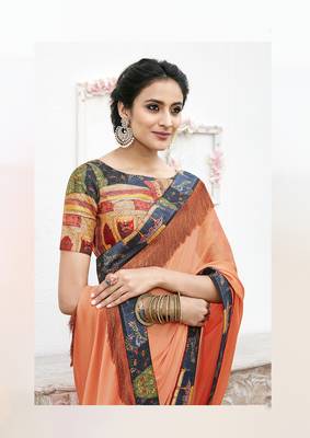 Orange printed chiffon saree with blouse 2