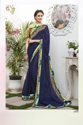 Dark blue printed chiffon saree with blouse 1