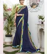 Dark blue printed chiffon saree with blouse