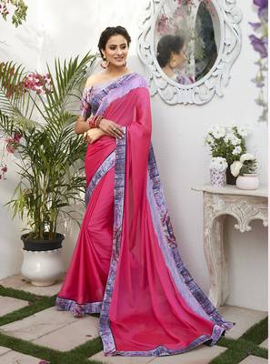 Dark pink printed chiffon saree with blouse 1