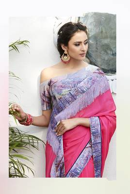 Dark pink printed chiffon saree with blouse 2