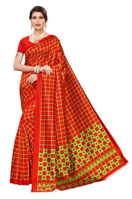 Red printed art silk saree with blouse 1