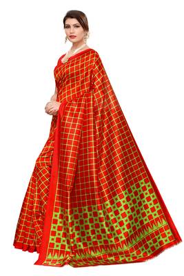 Red printed art silk saree with blouse 2
