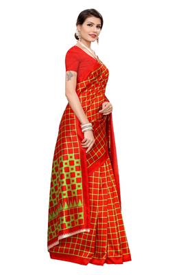 Red printed art silk saree with blouse 3