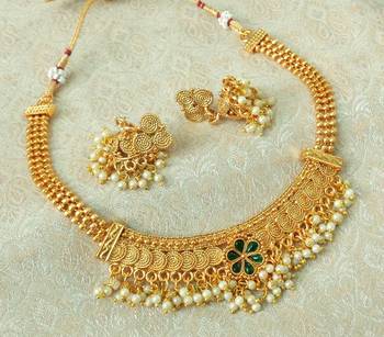 Lalso Beautiful Gold Plated Green Delicate Jalebi Bandhani Necklace Earring Jewelry Set - LJBDN01_GR 1