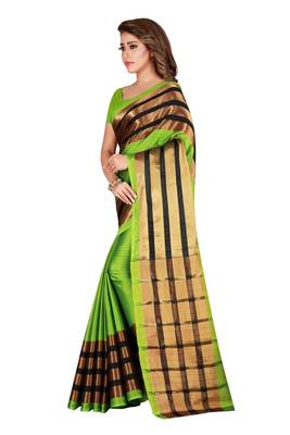 Green printed cotton saree with blouse 2