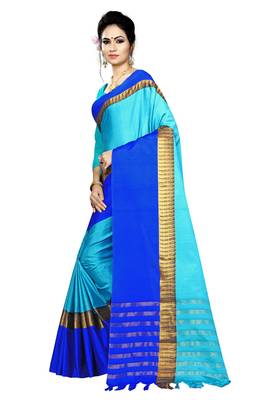 Sky blue printed cotton saree with blouse 2
