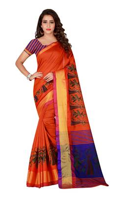 Orange printed polyester saree with blouse 1