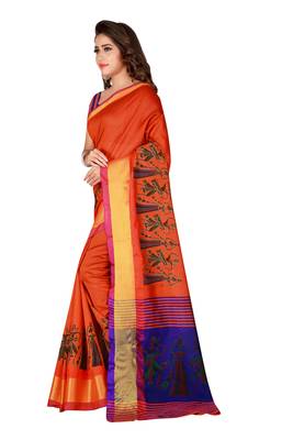Orange printed polyester saree with blouse 2