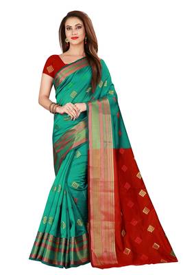 Green printed art silk saree with blouse 1