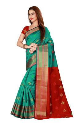Green printed art silk saree with blouse 2