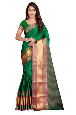 Green printed cotton silk saree with blouse 1