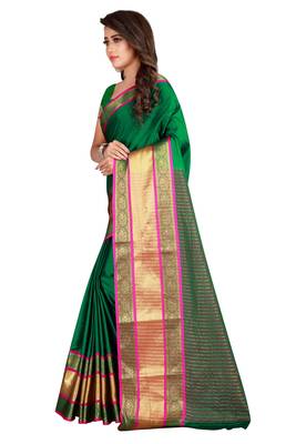 Green printed cotton silk saree with blouse 2
