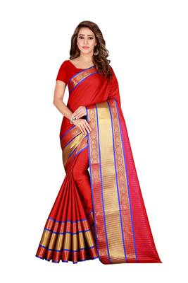 Red printed cotton silk saree with blouse 1