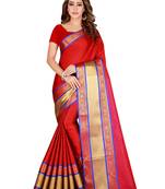 Red printed cotton silk saree with blouse