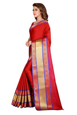 Red printed cotton silk saree with blouse 2