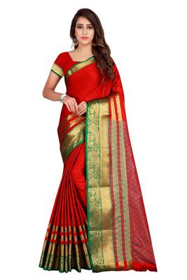 Red printed cotton silk saree with blouse 1