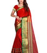 Red printed cotton silk saree with blouse