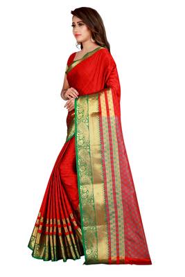 Red printed cotton silk saree with blouse 2