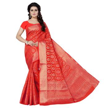 Red printed jacquard saree with blouse 1