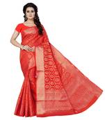 Red printed jacquard saree with blouse