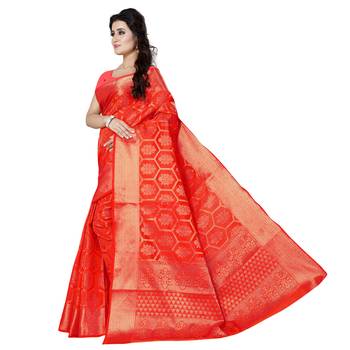 Red printed jacquard saree with blouse 2