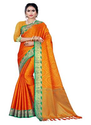 Yellow printed banarasi silk saree with blouse 1