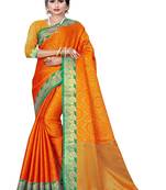 Yellow printed banarasi silk saree with blouse