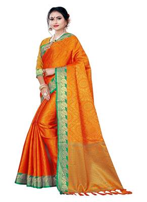 Yellow printed banarasi silk saree with blouse 2
