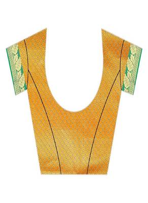 Yellow printed banarasi silk saree with blouse 4
