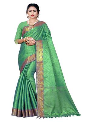 Green printed banarasi silk saree with blouse 1